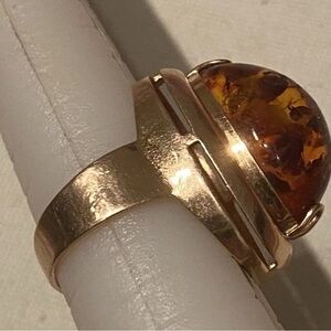 Vintage Russian USSR Soviet 14K 583 Rose Gold Genuine Baltic Honey Amber Ring